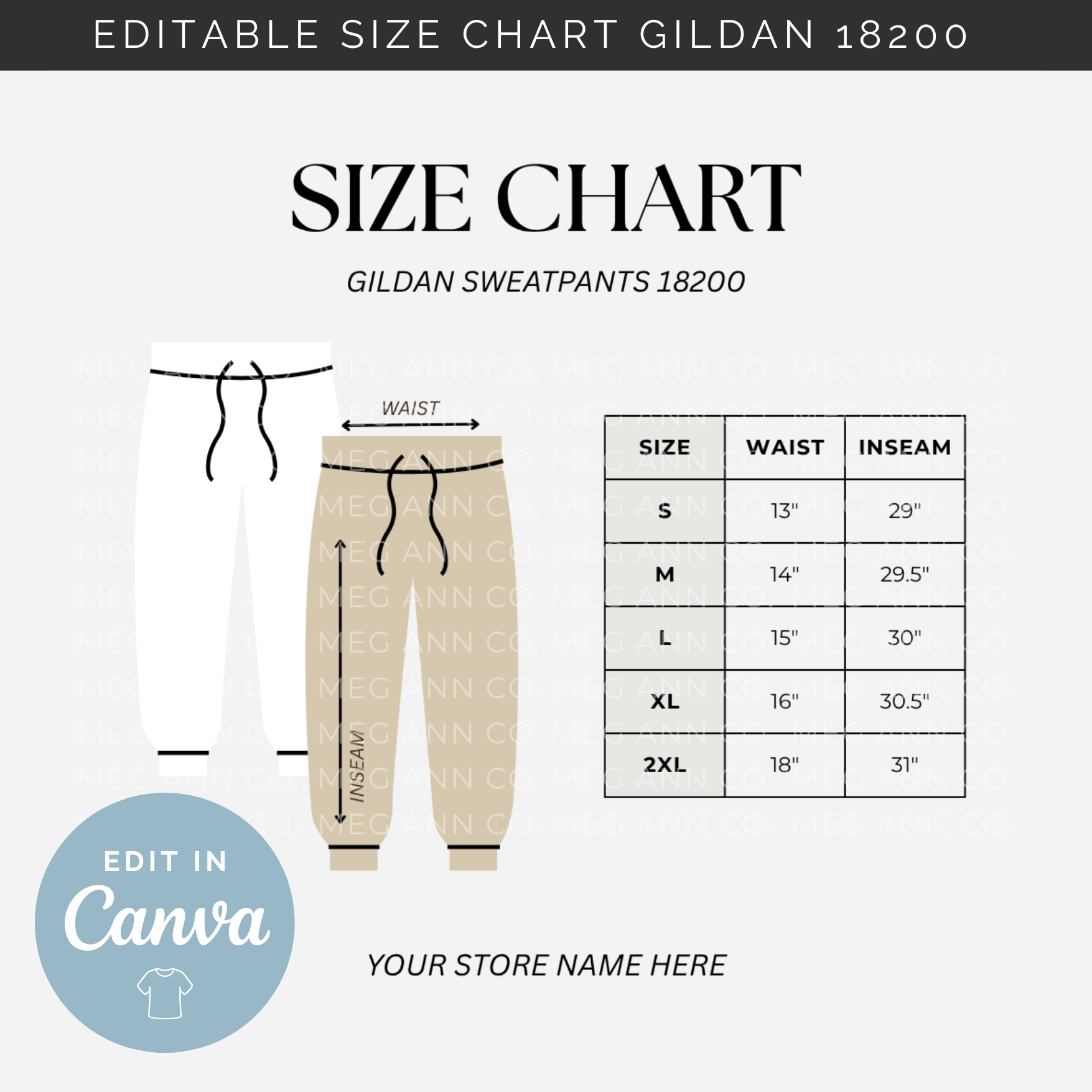 Editable Size Chart Gildan Sweatpants 18200 Meg Ann Co.