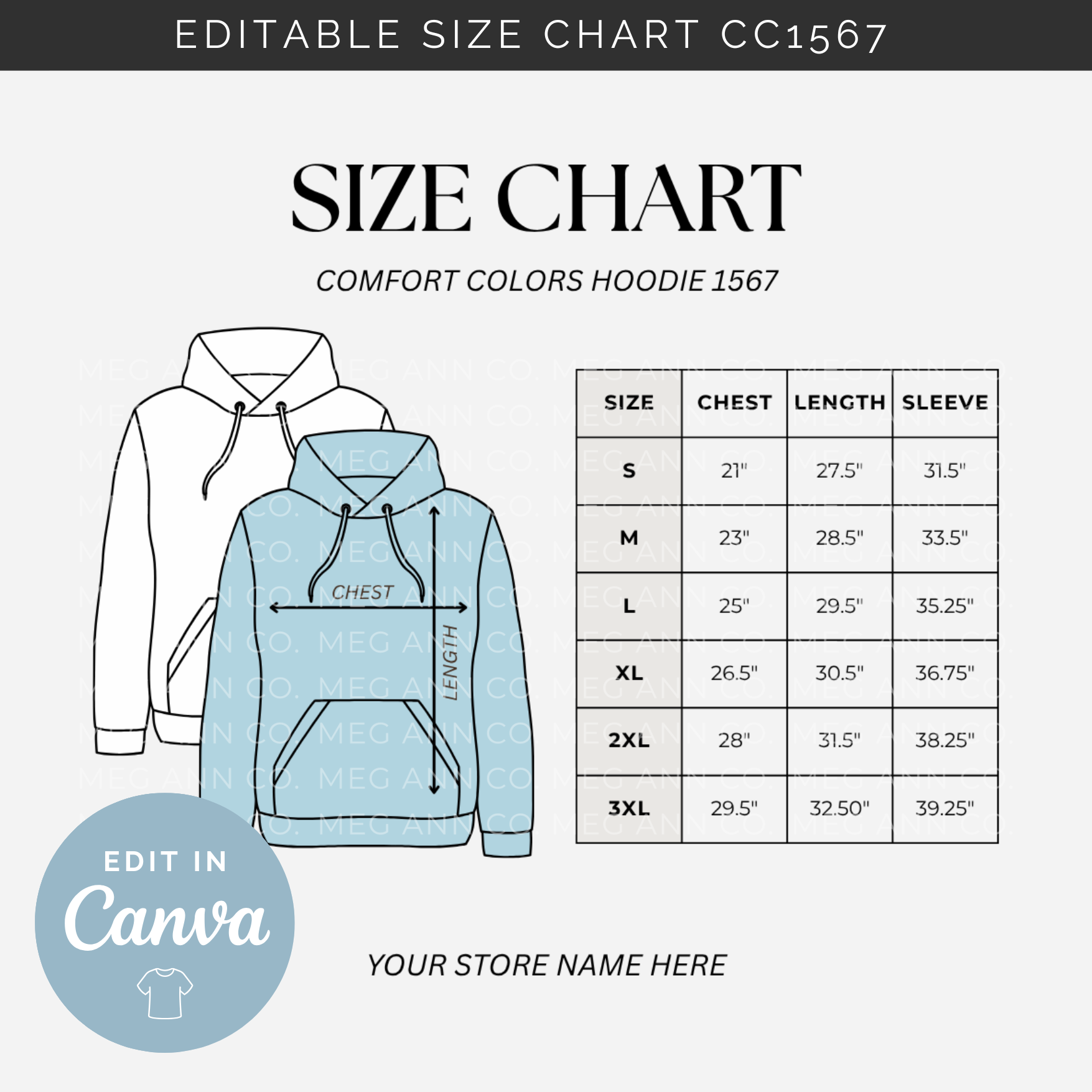 Editable Size Chart Comfort Color Hoodie 1567 Meg Ann Co.
