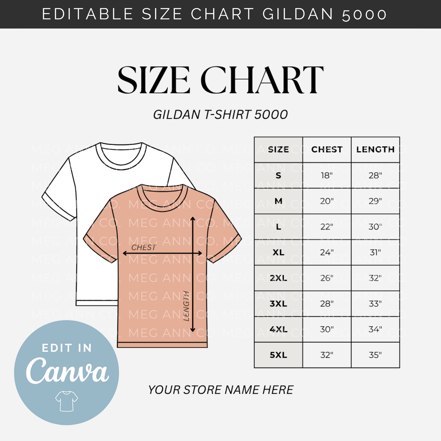 Editable Size Chart Gildan T-Shirt 5000
