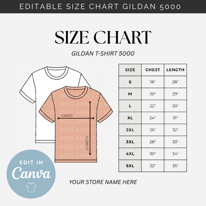Editable Size Chart Gildan T-Shirt 5000