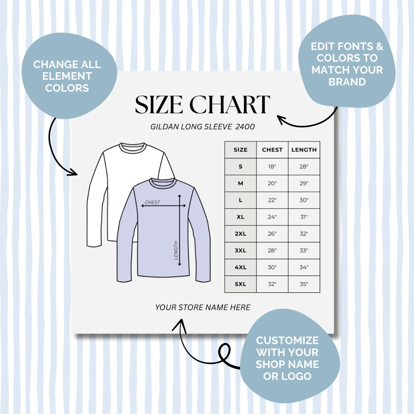 Editable Size Chart Gildan Long Sleeve 2400
