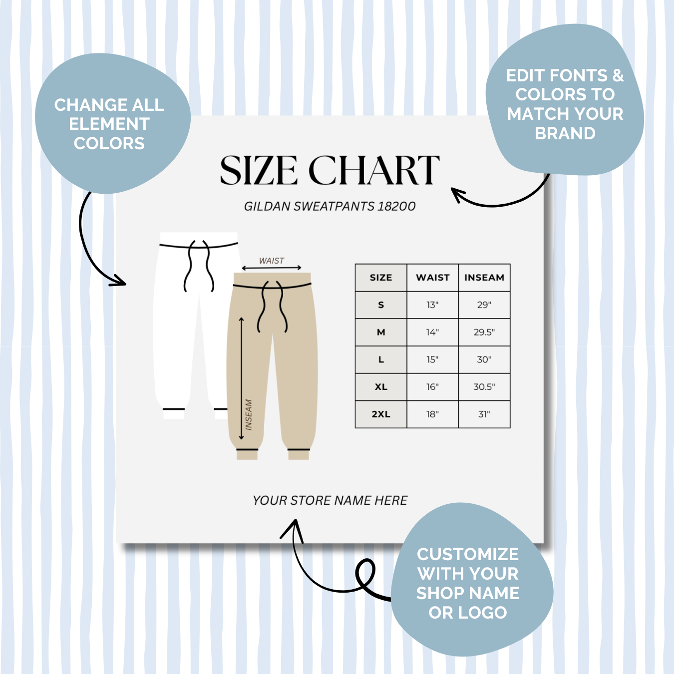 Editable Size Chart Gildan Sweatpants 18200