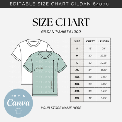 Editable Size Chart Gildan T-Shirt 64000