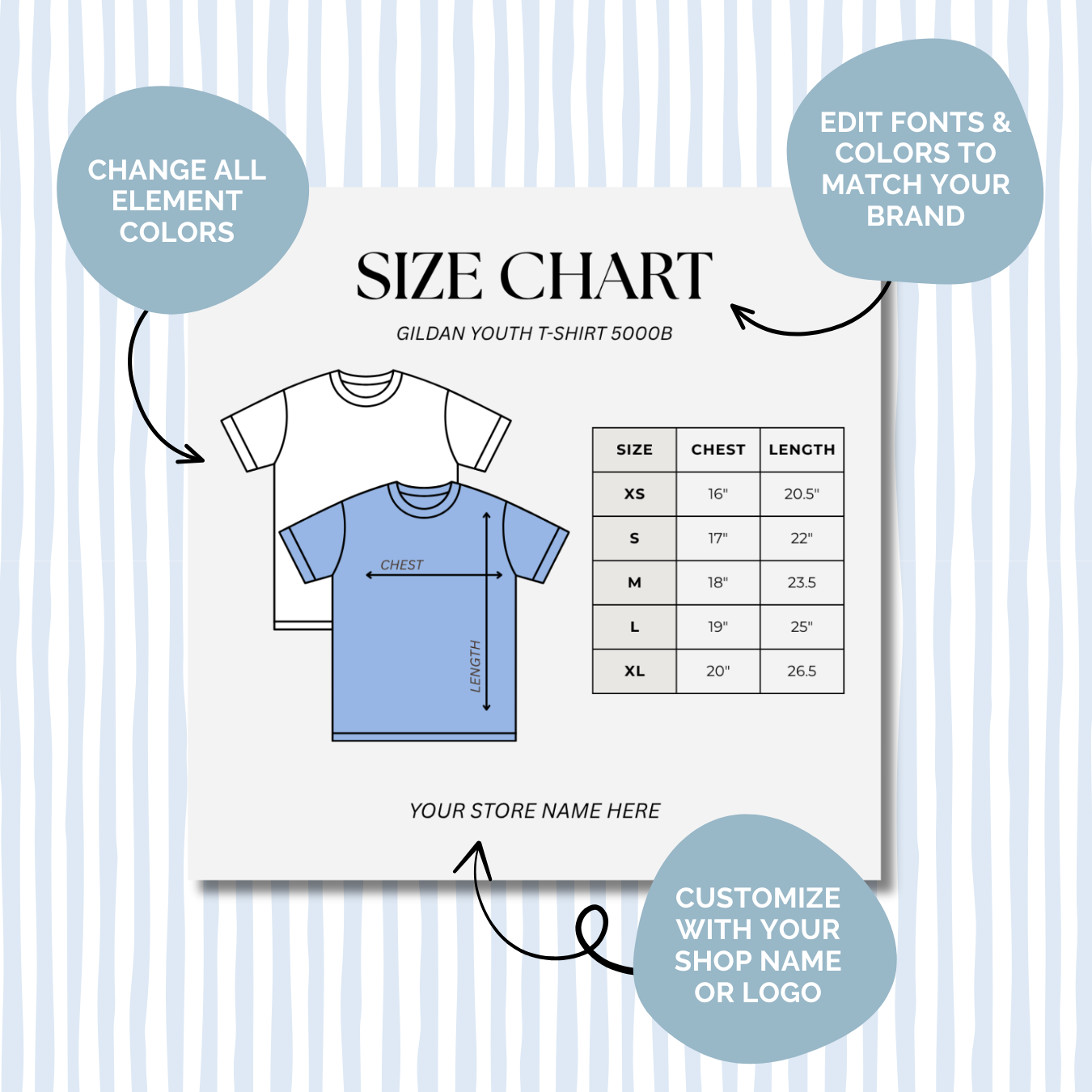 Editable Size Chart Gildan Youth T-Shirt 5000B