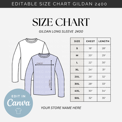 Editable Size Chart Gildan Long Sleeve 2400