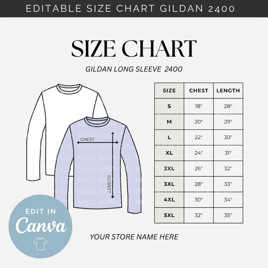 Editable Size Chart Gildan Long Sleeve 2400