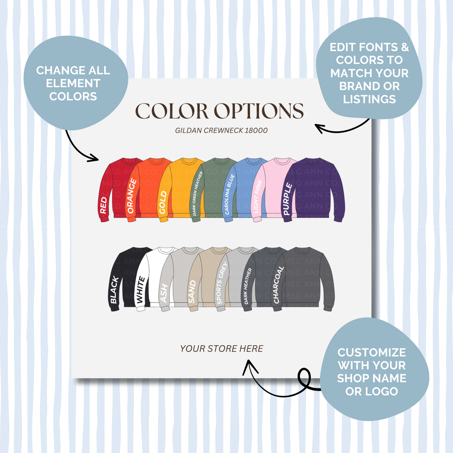 Editable Color Chart Gildan Crewneck 18000