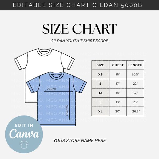 Editable Size Chart Gildan Youth T-Shirt 5000B