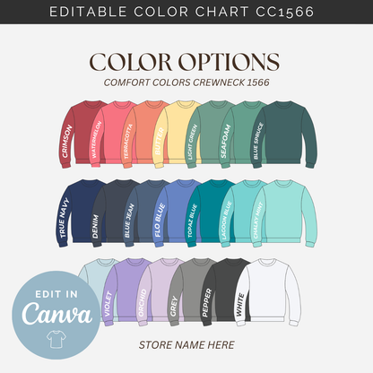 Editable Color Chart Comfort Color Crewneck 1566