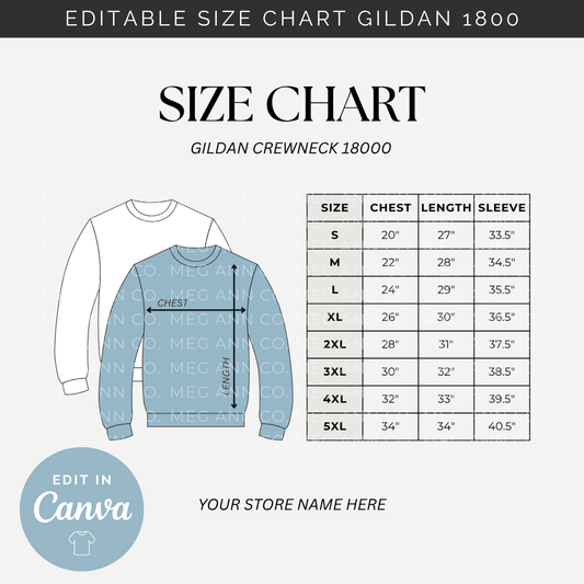 Editable Size Chart Gildan Crewneck 18000