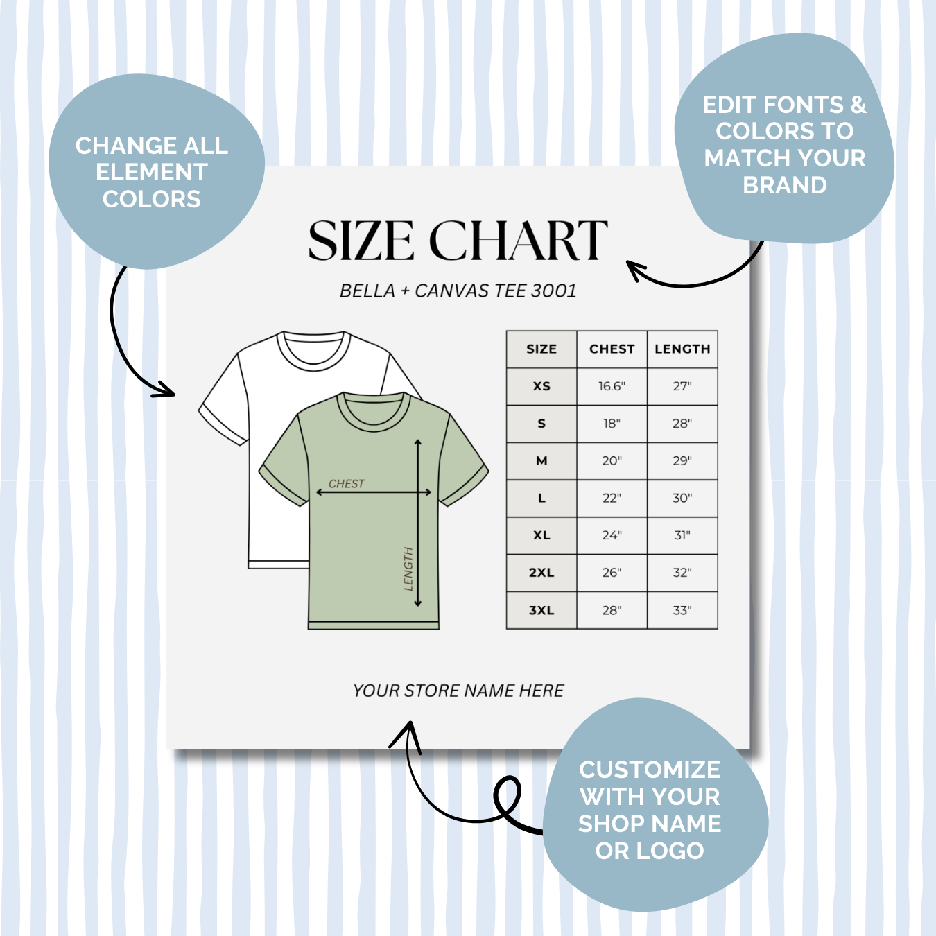 Editable Size Chart Bella + Canvas T-Shirt 3001