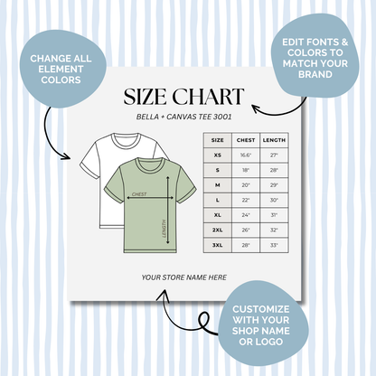 Editable Size Chart Bella + Canvas T-Shirt 3001