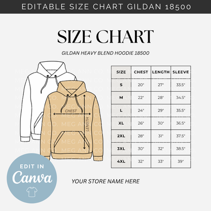Editable Size Chart Gildan Hoodie 18500