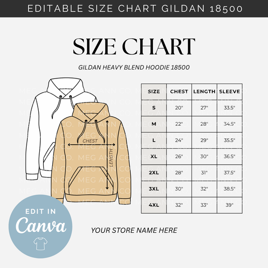 Editable Size Chart Gildan Hoodie 18500