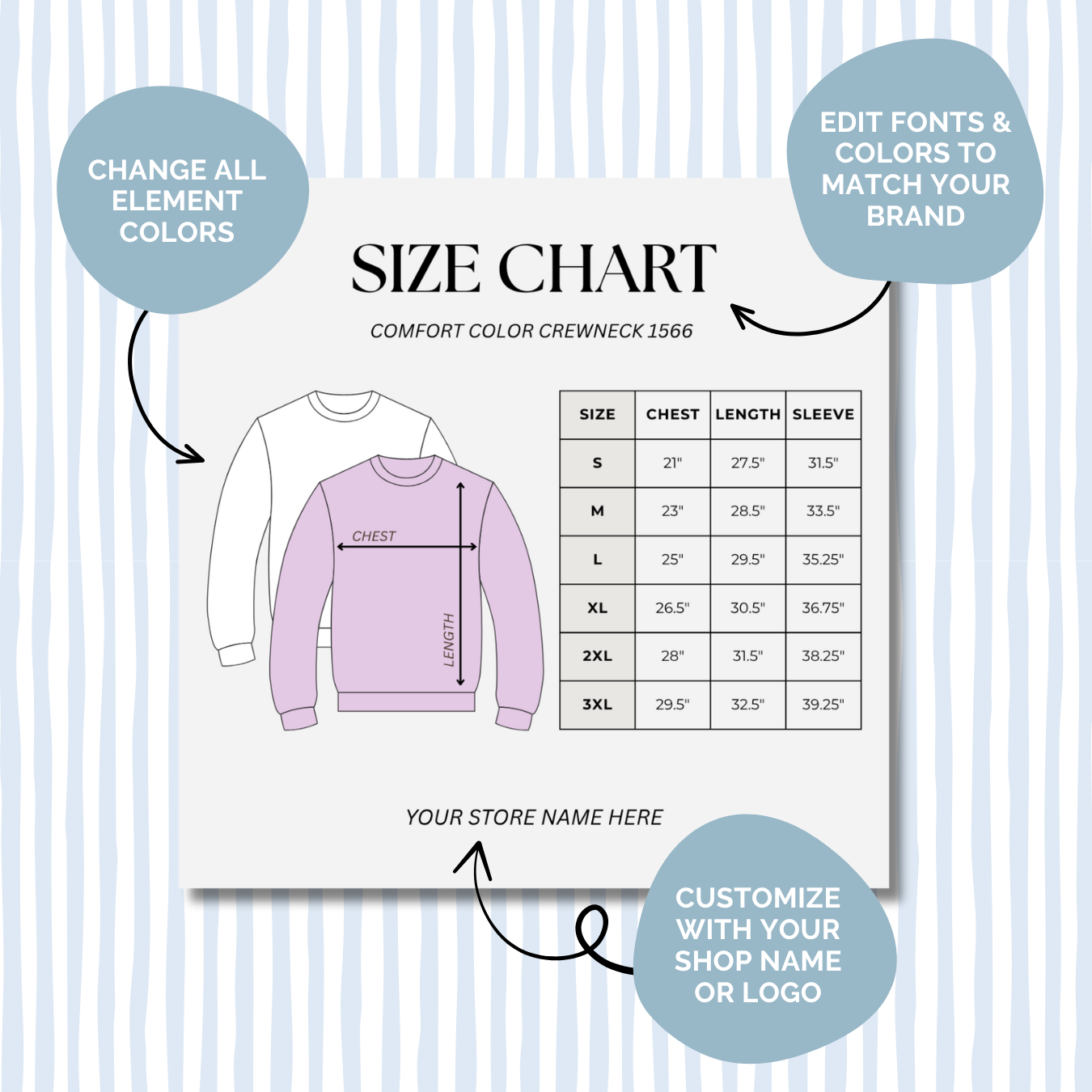 Editable Size Chart Comfort Color Crewneck 1566