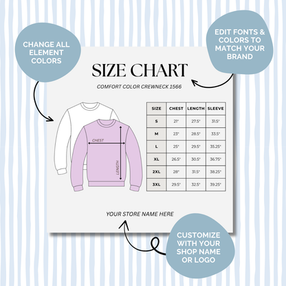 Editable Size Chart Comfort Color Crewneck 1566