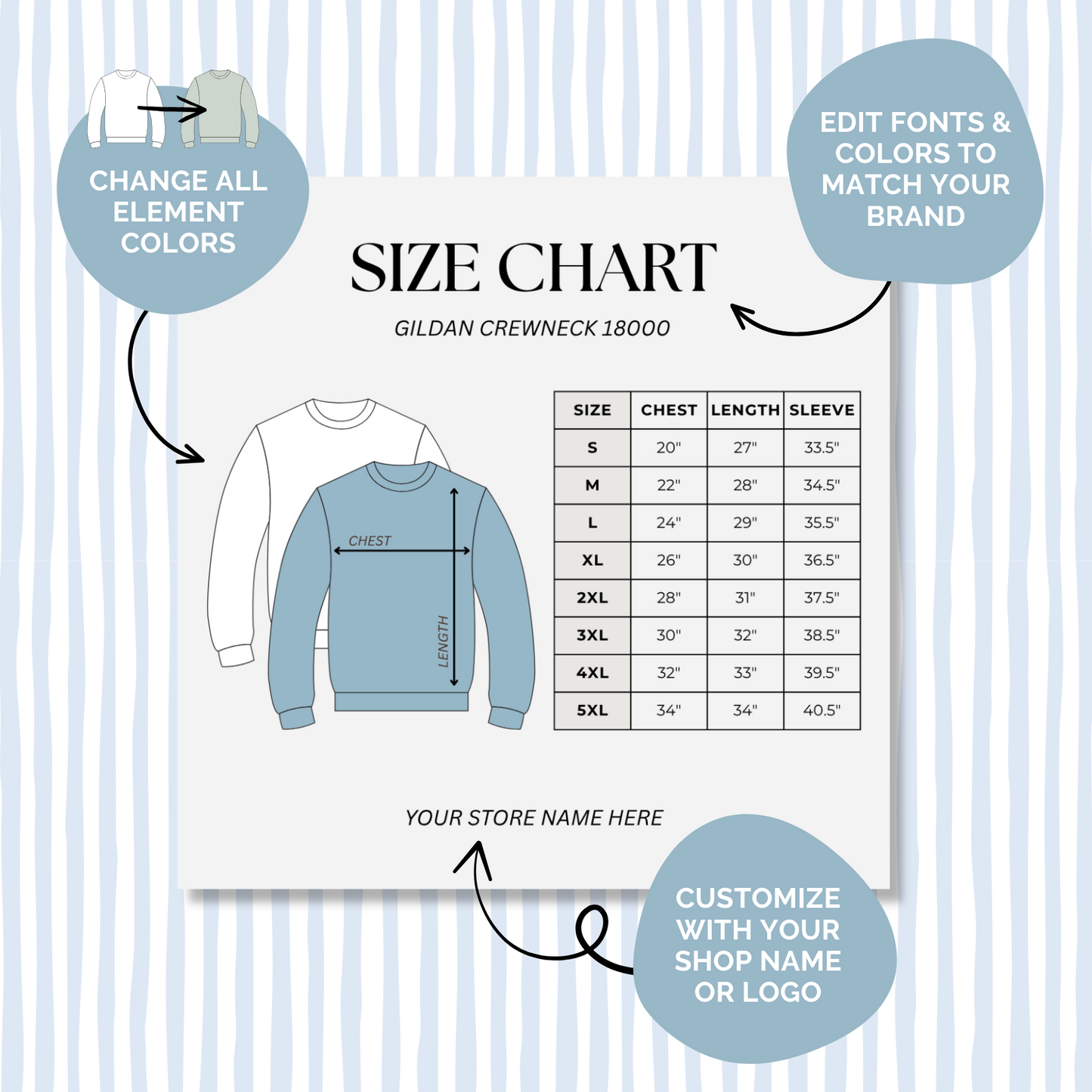 Editable Size Chart Gildan Crewneck 18000