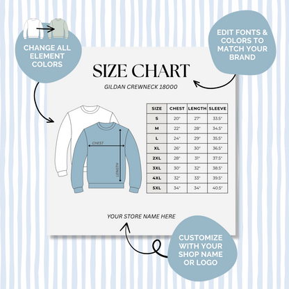 Editable Size Chart Gildan Crewneck 18000