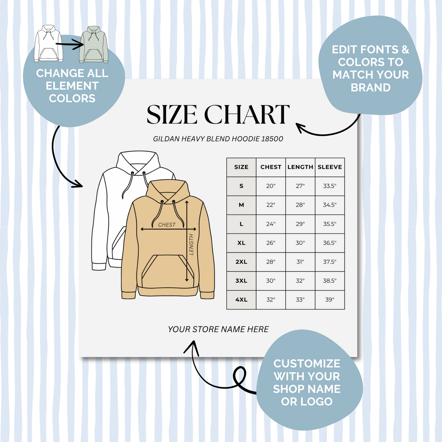 Editable Size Chart Gildan Hoodie 18500