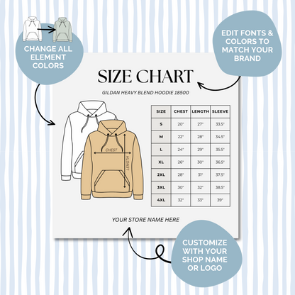 Editable Size Chart Gildan Hoodie 18500