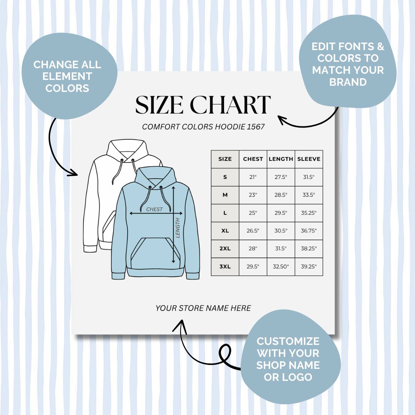 Editable Size Chart Comfort Color Hoodie 1567