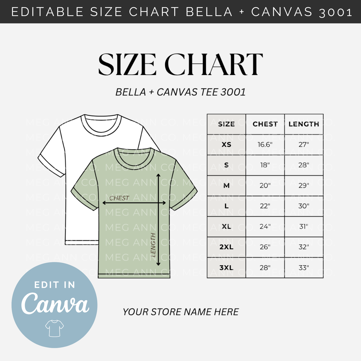 Editable Size Chart Bella + Canvas T-Shirt 3001