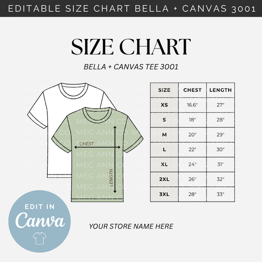 Editable Size Chart Bella + Canvas T-Shirt 3001