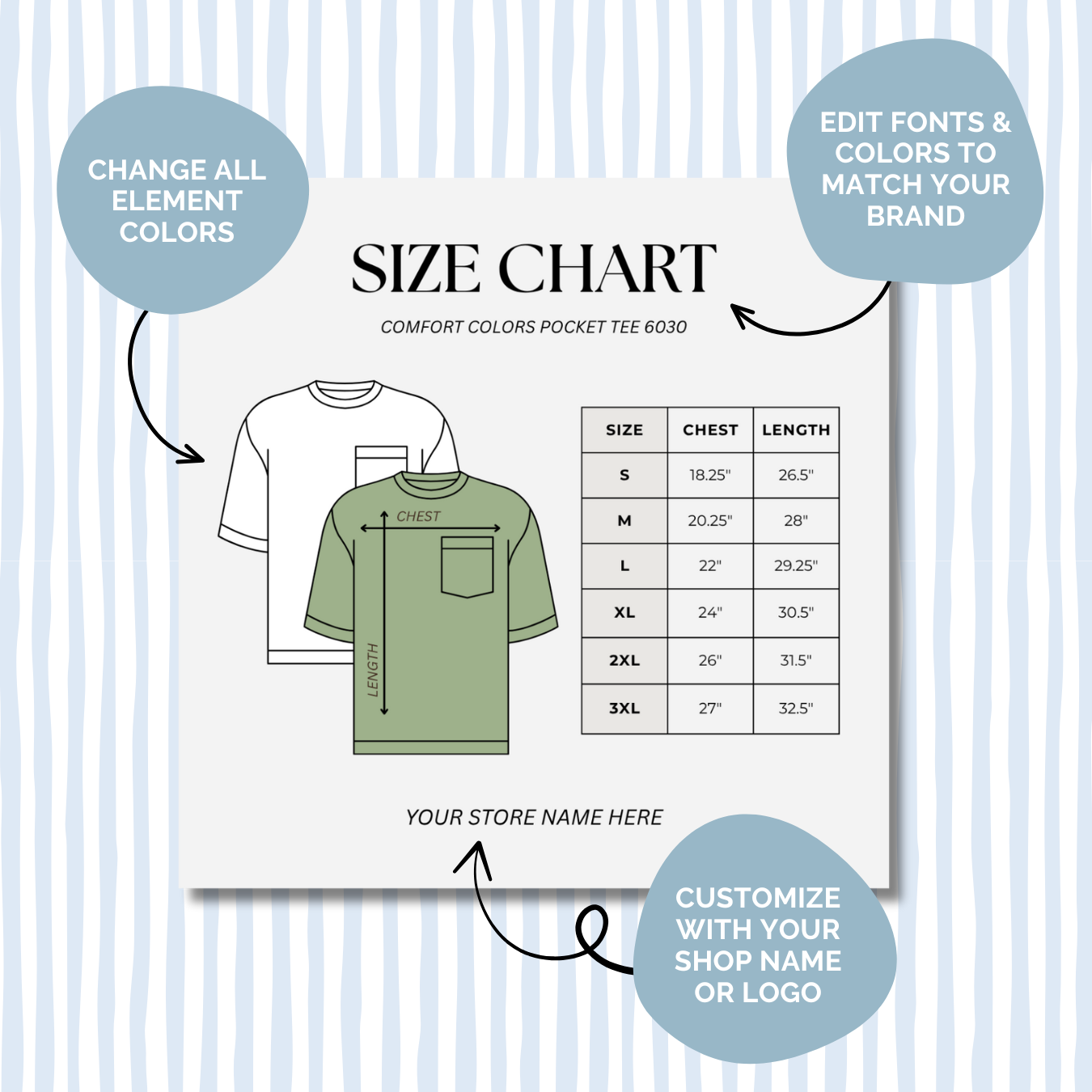 Editable Size Chart Comfort Color Pocket T-Shirt 6030