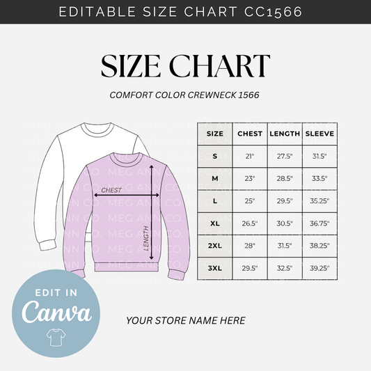 Editable Size Chart Comfort Color Crewneck 1566