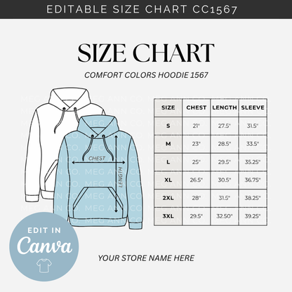Editable Size Chart Comfort Color Hoodie 1567