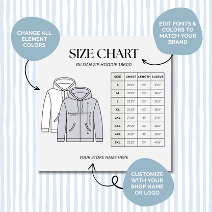 Editable Size Chart Gildan Zip Hoodie 18600