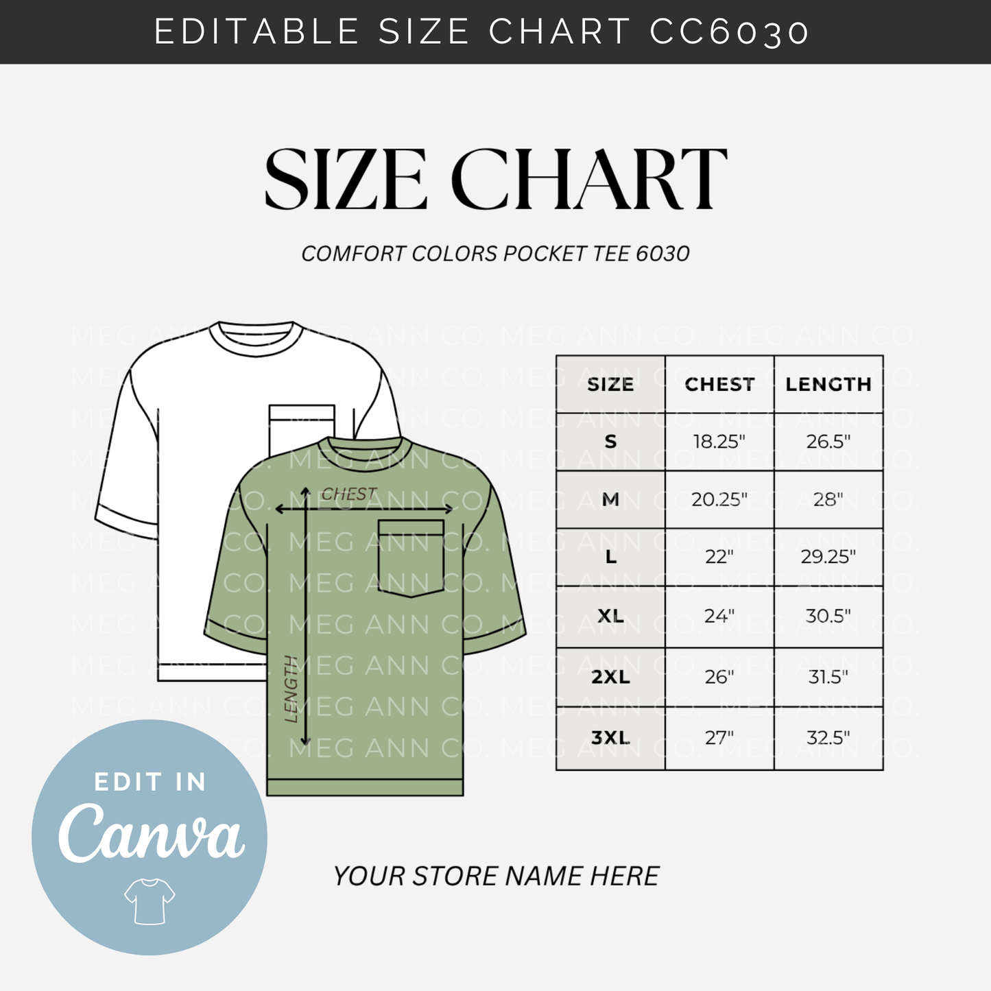 Editable Size Chart Comfort Color Pocket T-Shirt 6030