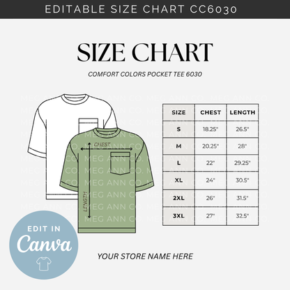 Editable Size Chart Comfort Color Pocket T-Shirt 6030