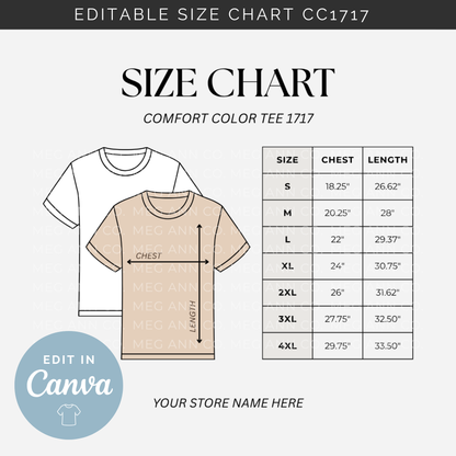 Editable Size Chart Comfort Color T-Shirt 1717
