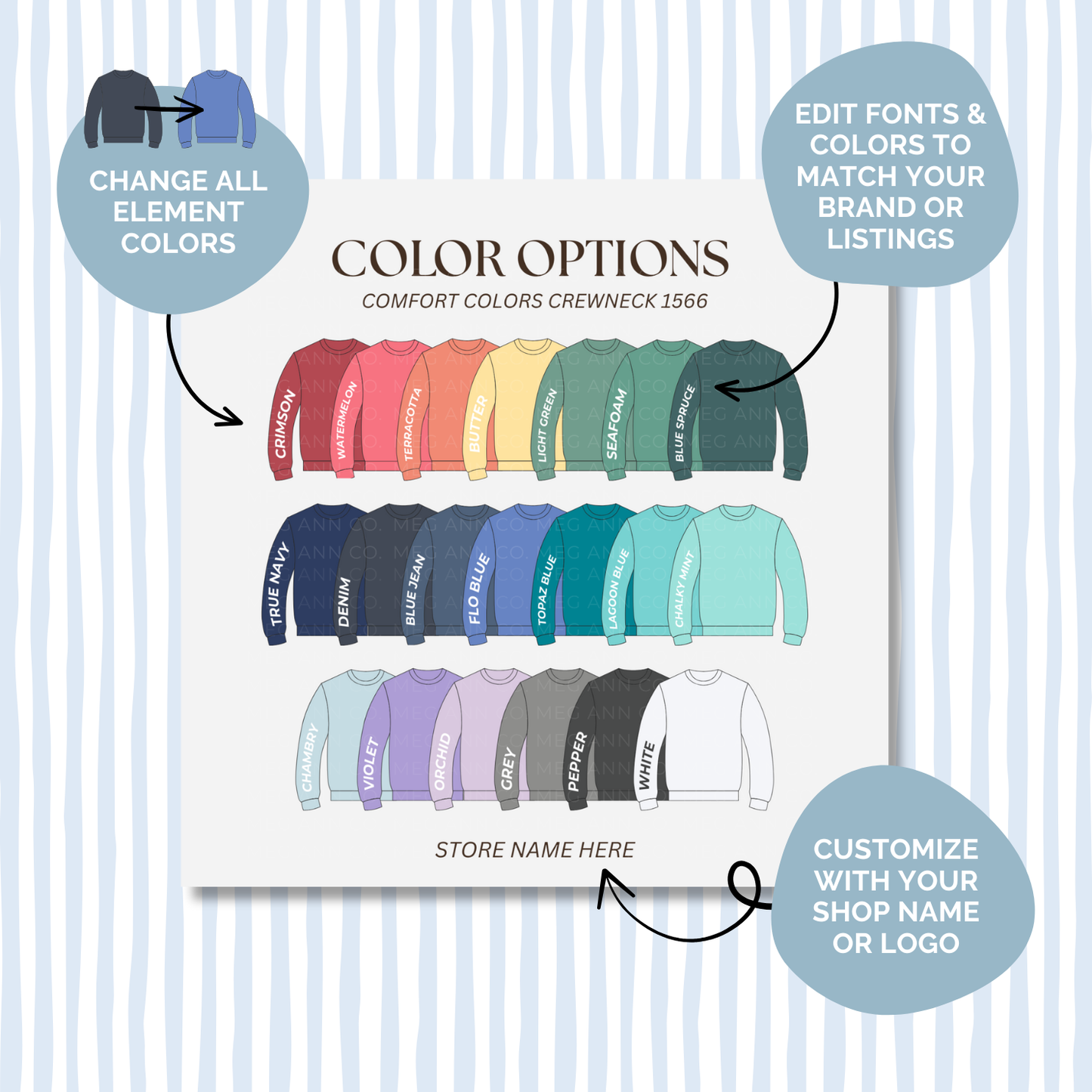 Editable Color Chart Comfort Color Crewneck 1566