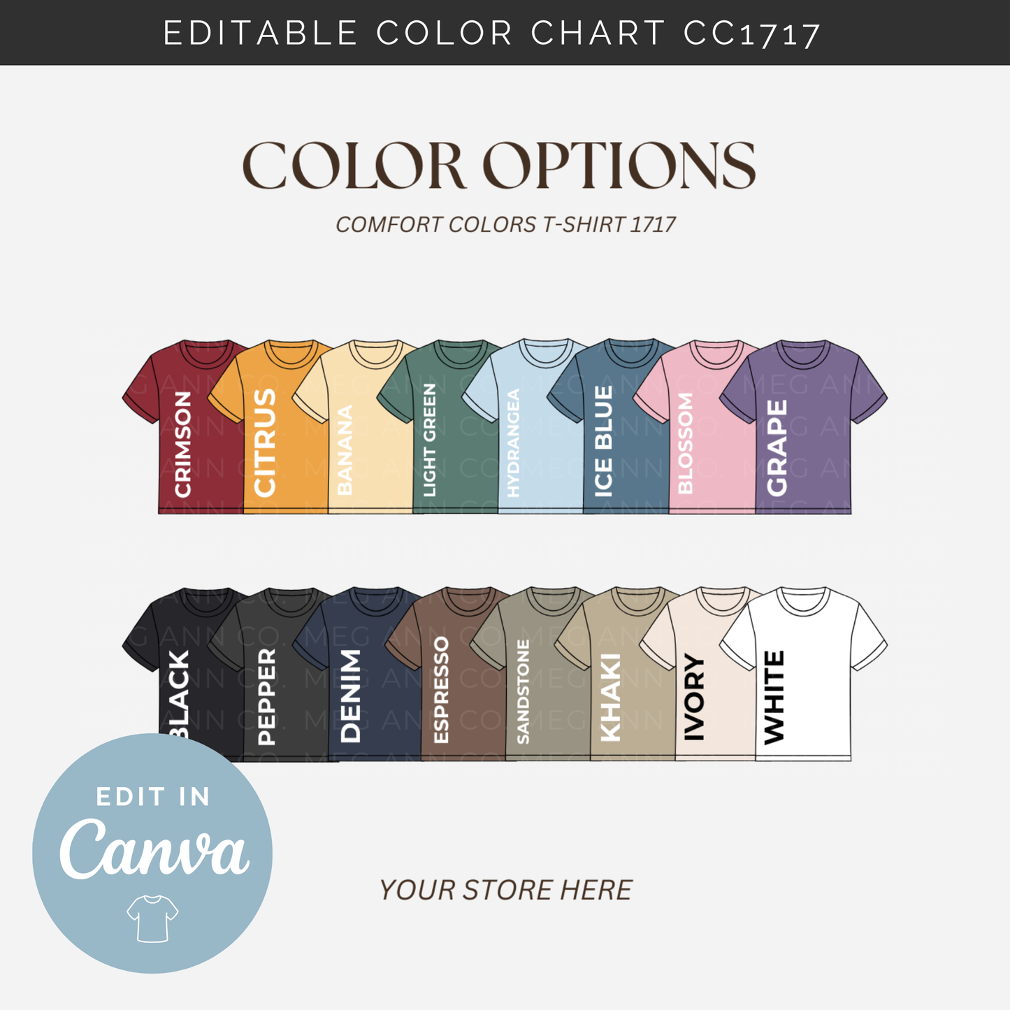 Editable Color Chart Comfort Color T-Shirt 1717