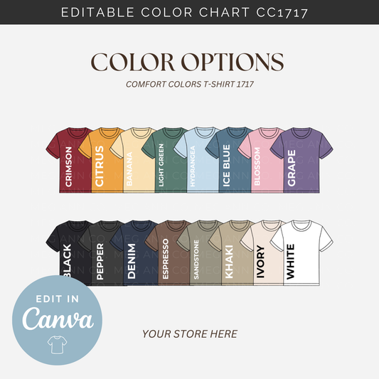 Editable Color Chart Comfort Color T-Shirt 1717