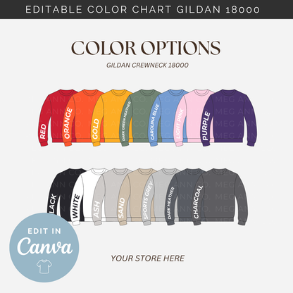 Editable Color Chart Gildan Crewneck 18000