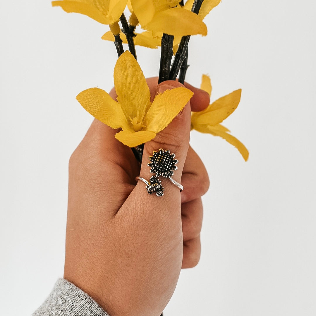 Sunflower & Bee Sterling Silver Ring