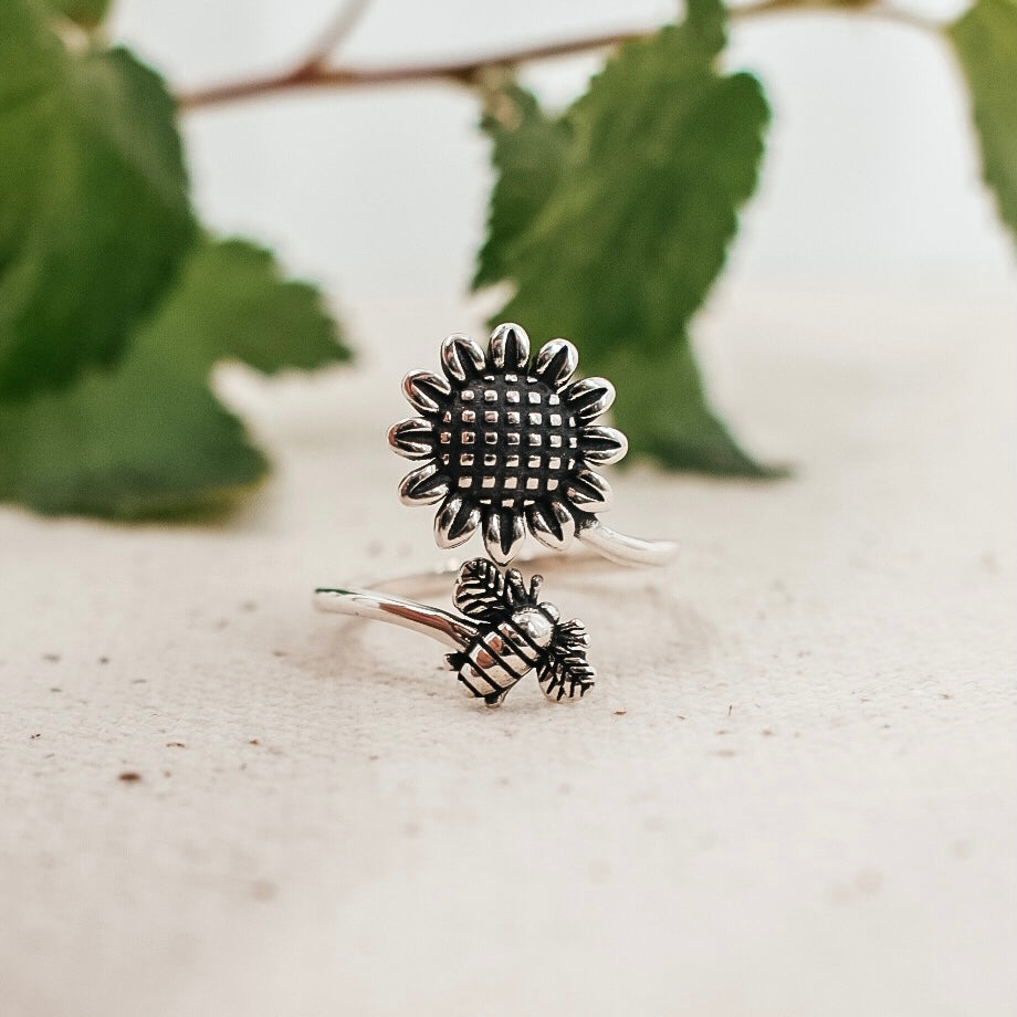 Sunflower & Bee Sterling Silver Ring
